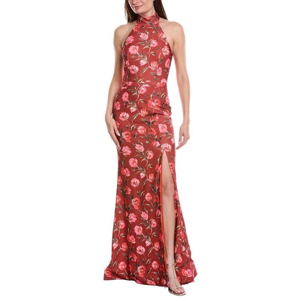 Rene Ruiz Womens Halter Neck Belted Waist Floral Gown, Red